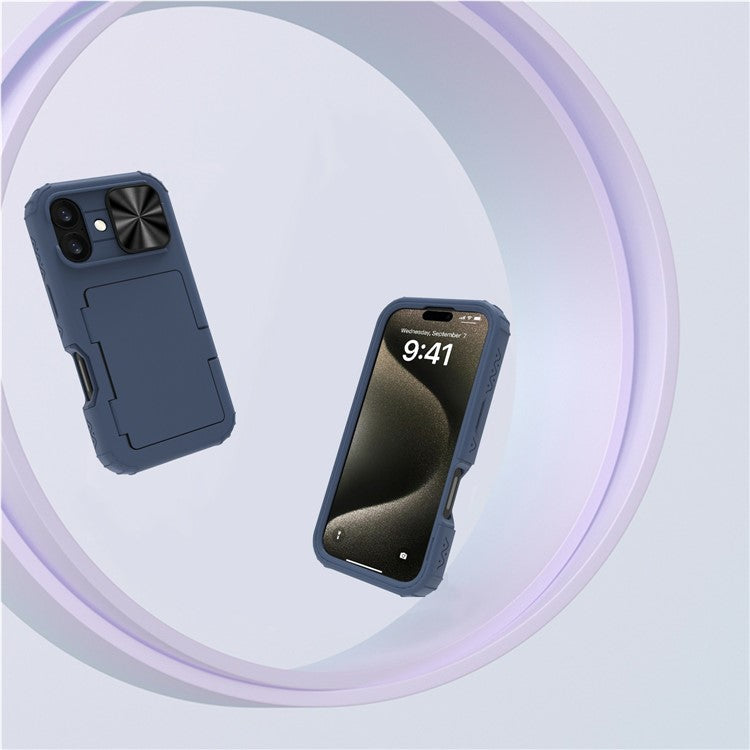 For iPhone 16 Plus Case Card Holder Mirror PC+TPU Phone Shell with Lens Cover - Navy Blue