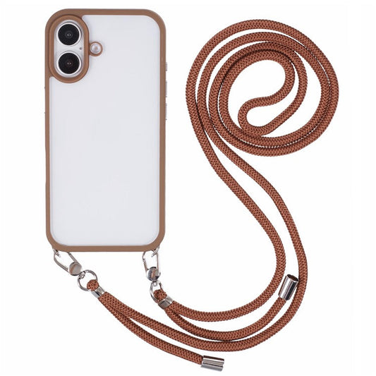 For iPhone 16 Plus Case TPU+PC Crystal Clear Back Cover with Lanyard - Brown