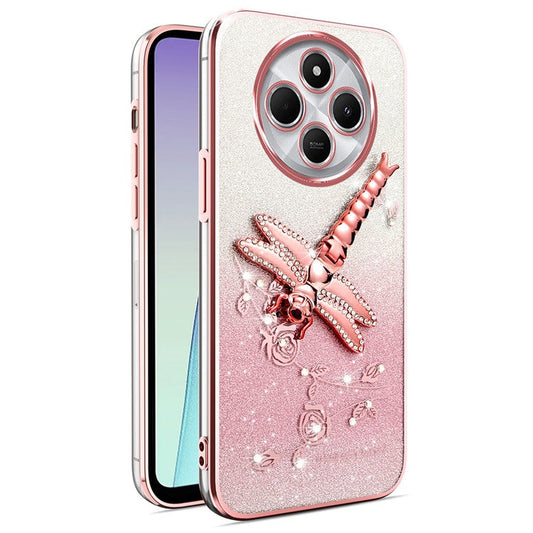 KADEM For Xiaomi Poco C75 4G / Redmi 14R 5G / 14C 4G Case Dragonfly Kickstand TPU Flowers Glitter Phone Cover - Pink