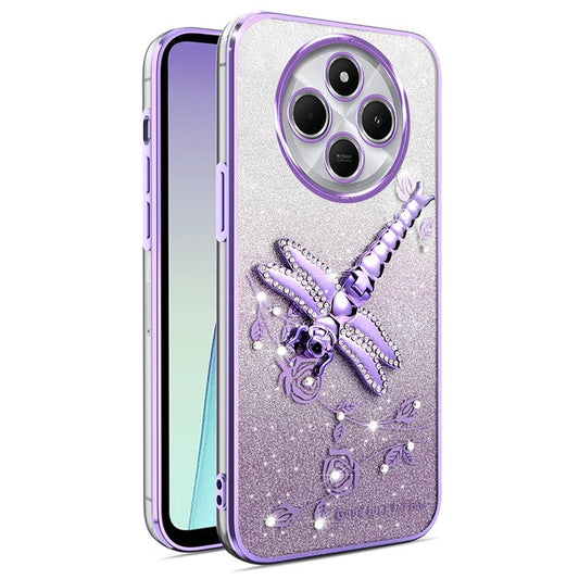 KADEM For Xiaomi Poco C75 4G / Redmi 14R 5G / 14C 4G Case Dragonfly Kickstand TPU Flowers Glitter Phone Cover - Purple