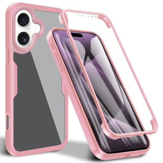 For iPhone 16 Plus Case Acrylic+TPU Clear Phone Cover with PET Screen Film - Pink
