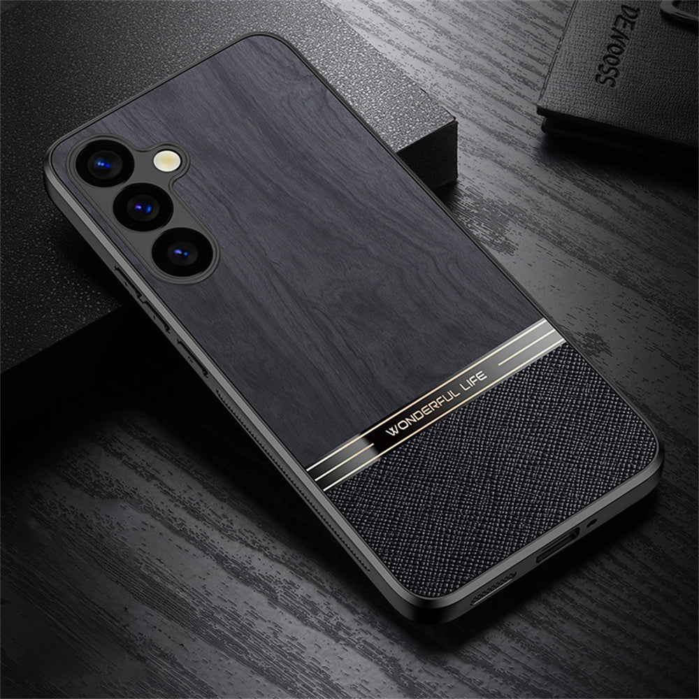 For Samsung Galaxy A16 5G / A16 4G Case Wood Texture Leather Coated TPU Phone Protective Cover - Black