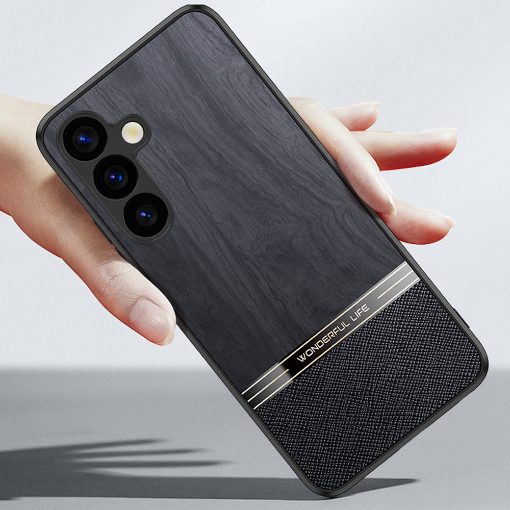 For Samsung Galaxy A16 5G / A16 4G Case Wood Texture Leather Coated TPU Phone Protective Cover - Black