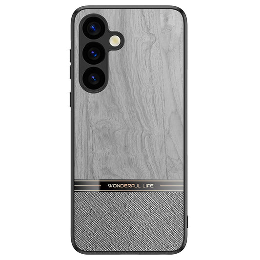 For Samsung Galaxy A16 5G / A16 4G Case Wood Texture Leather Coated TPU Phone Protective Cover - Grey