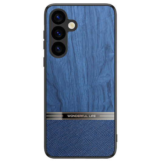 For Samsung Galaxy A16 5G / A16 4G Case Wood Texture Leather Coated TPU Phone Protective Cover - Blue