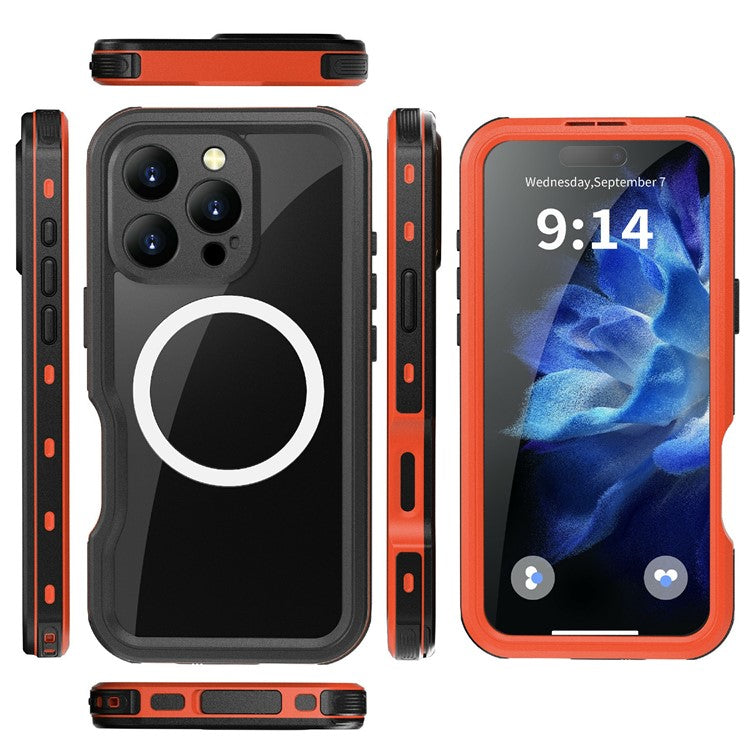 REDPEPPER D-UP Series For iPhone 16 Pro Case IP68 Waterproof Clear Back Panel Phone Cover Compatible with MagSafe - Red