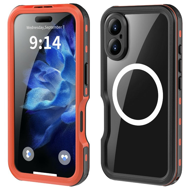 REDPEPPER D-UP Series For iPhone 16 Case IP68 Waterproof Clear Back Panel Phone Cover Compatible with MagSafe - Red
