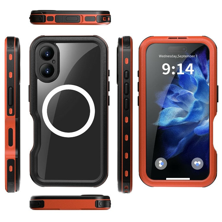 REDPEPPER D-UP Series For iPhone 16 Case IP68 Waterproof Clear Back Panel Phone Cover Compatible with MagSafe - Red