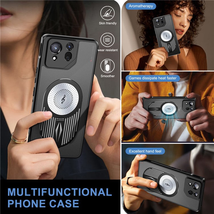For Asus ROG Phone 8 5G / Phone 8 Pro 5G Magnetic Case Heat Dissipation Aromatherapy Kickstand Silicone+PC Phone Cover - Black