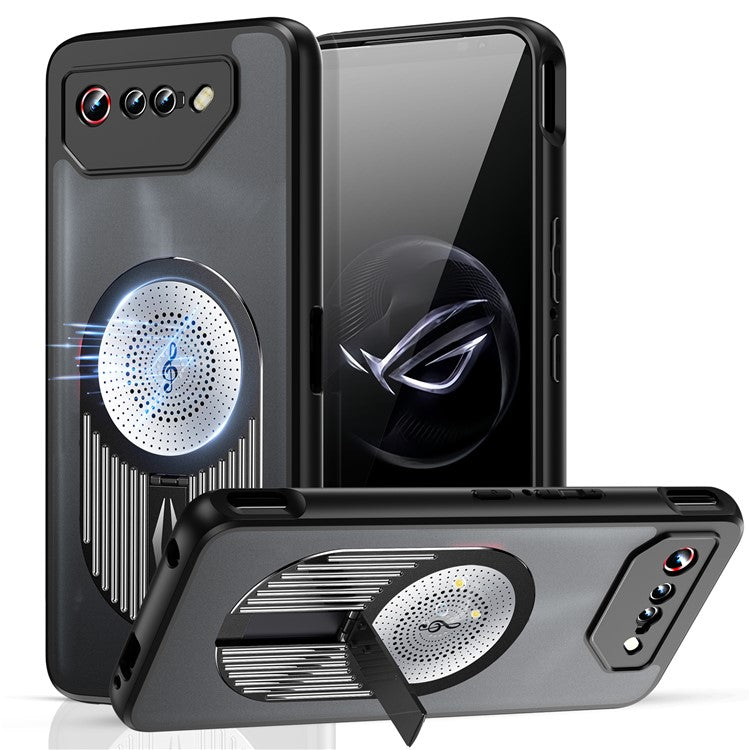 For Asus ROG Phone 7 5G Magnetic Case Heat Dissipation Aromatherapy Kickstand Silicone+PC Phone Cover - Black