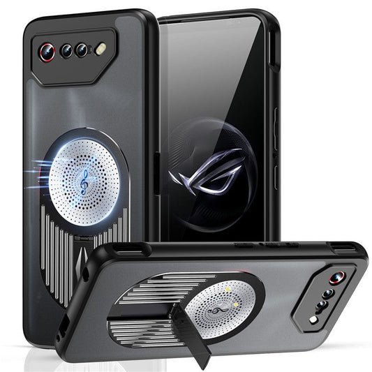 For Asus ROG Phone 7 5G Magnetic Case Heat Dissipation Aromatherapy Kickstand Silicone+PC Phone Cover - Black