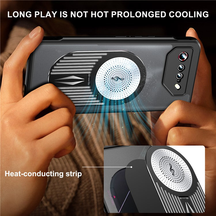 For Asus ROG Phone 7 5G Magnetic Case Heat Dissipation Aromatherapy Kickstand Silicone+PC Phone Cover - Black