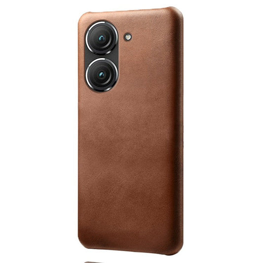 For Asus Zenfone 9 5G Calf Texture PU Leather Coated Hard PC Case Shockproof Protective Phone Cover - Brown