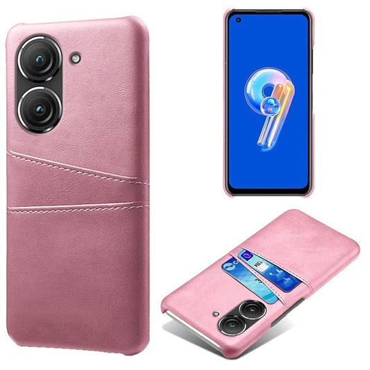 For Asus Zenfone 9 5G Dual Card Slots Design Slim Phone Case PU Leather Coated Hard PC Shockproof Back Cover - Rose Gold