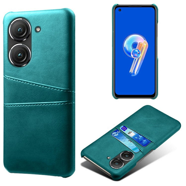For Asus Zenfone 9 5G Dual Card Slots Design Slim Phone Case PU Leather Coated Hard PC Shockproof Back Cover - Green