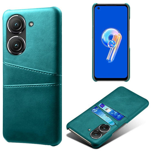 For Asus Zenfone 9 5G Dual Card Slots Design Slim Phone Case PU Leather Coated Hard PC Shockproof Back Cover - Green