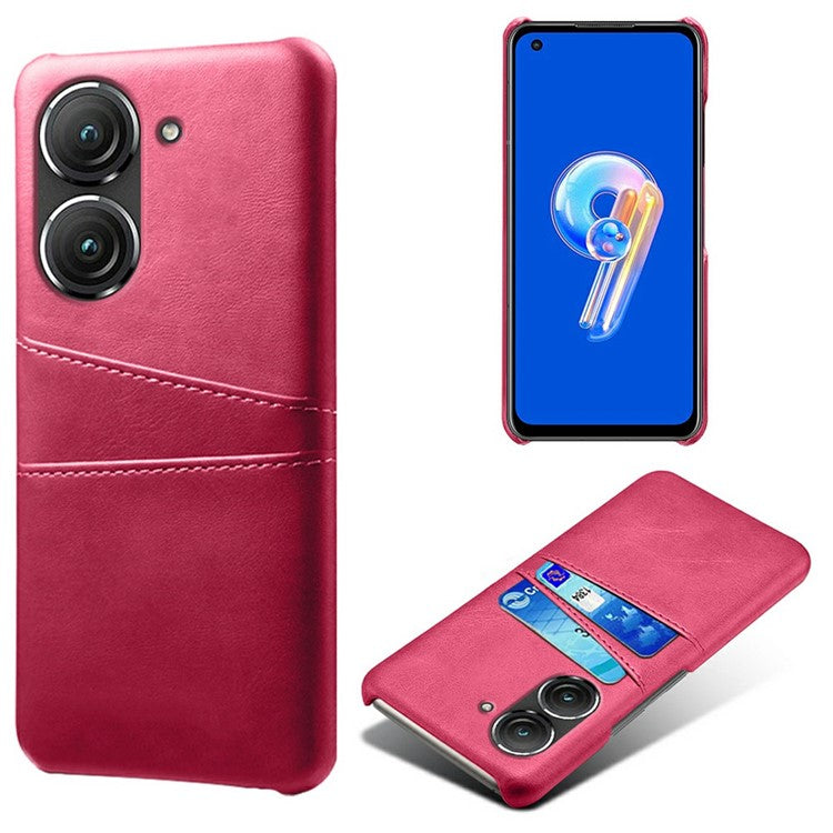 For Asus Zenfone 9 5G Dual Card Slots Design Slim Phone Case PU Leather Coated Hard PC Shockproof Back Cover - Rose