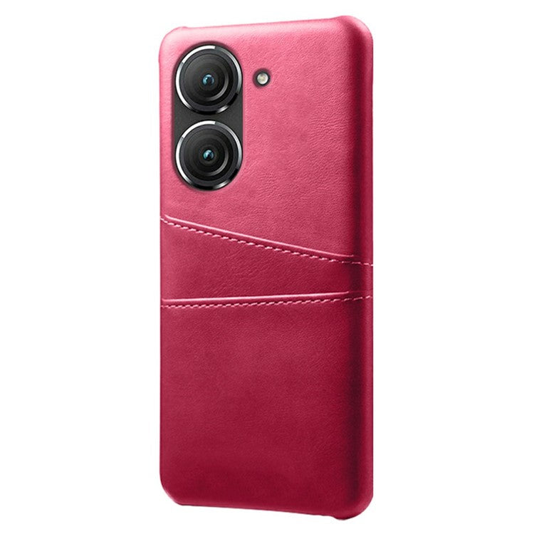 For Asus Zenfone 9 5G Dual Card Slots Design Slim Phone Case PU Leather Coated Hard PC Shockproof Back Cover - Rose