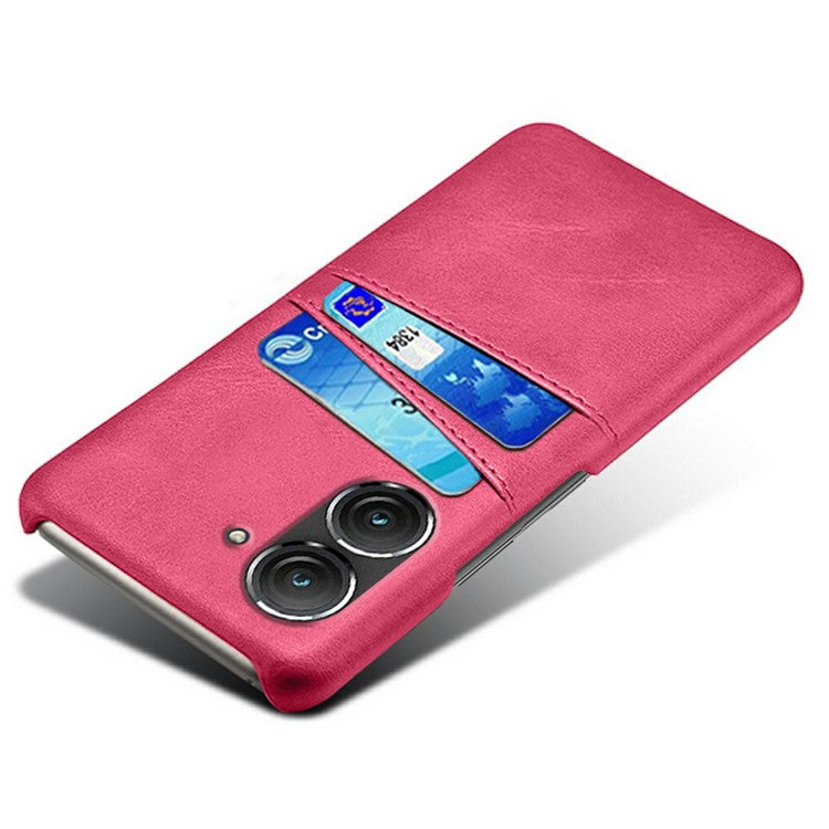 For Asus Zenfone 9 5G Dual Card Slots Design Slim Phone Case PU Leather Coated Hard PC Shockproof Back Cover - Rose