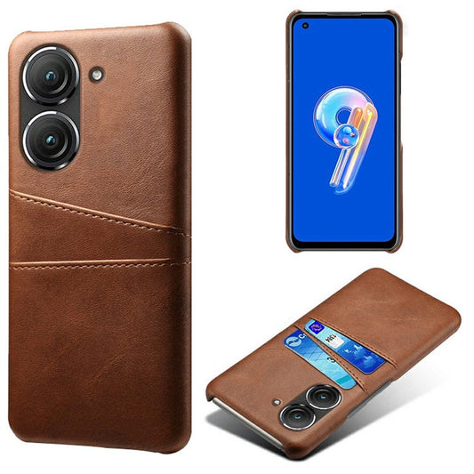 For Asus Zenfone 9 5G Dual Card Slots Design Slim Phone Case PU Leather Coated Hard PC Shockproof Back Cover - Brown