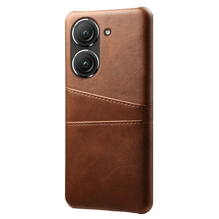 For Asus Zenfone 9 5G Dual Card Slots Design Slim Phone Case PU Leather Coated Hard PC Shockproof Back Cover - Brown