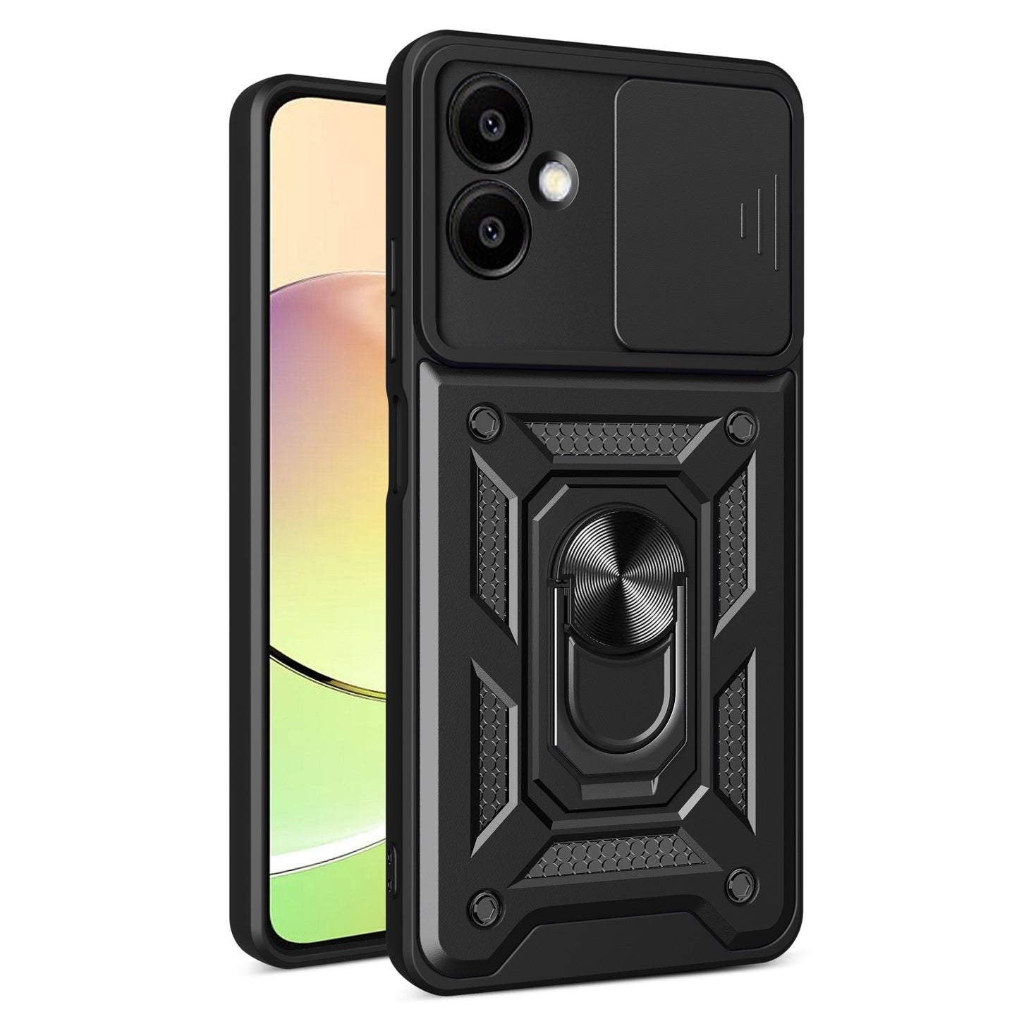 For Samsung Galaxy A06 Case with Slide Camera Lid PC+TPU Kickstand Phone Cover - Black