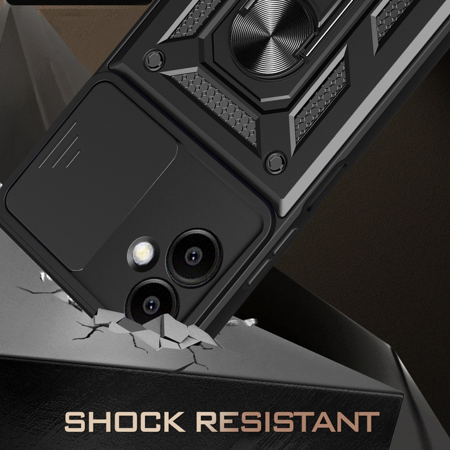 For Samsung Galaxy A06 Case with Slide Camera Lid PC+TPU Kickstand Phone Cover - Black