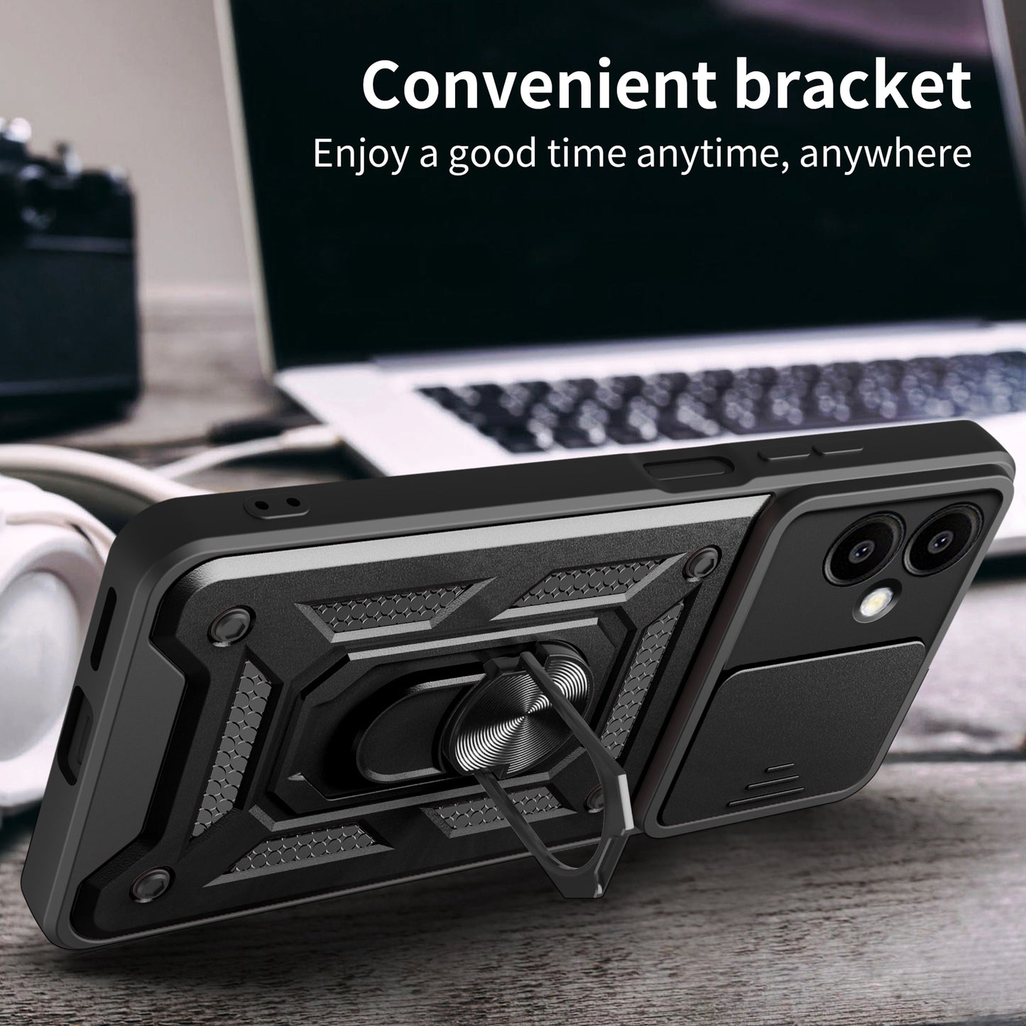 For Samsung Galaxy A06 Case with Slide Camera Lid PC+TPU Kickstand Phone Cover - Black