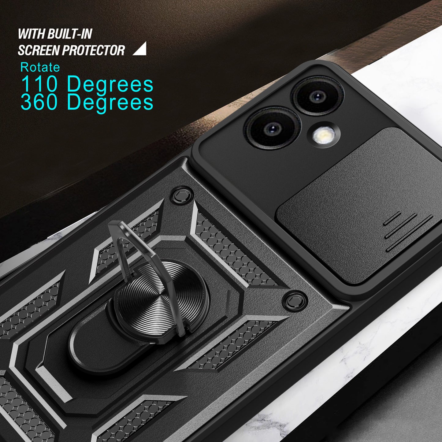 For Samsung Galaxy A06 Case with Slide Camera Lid PC+TPU Kickstand Phone Cover - Black