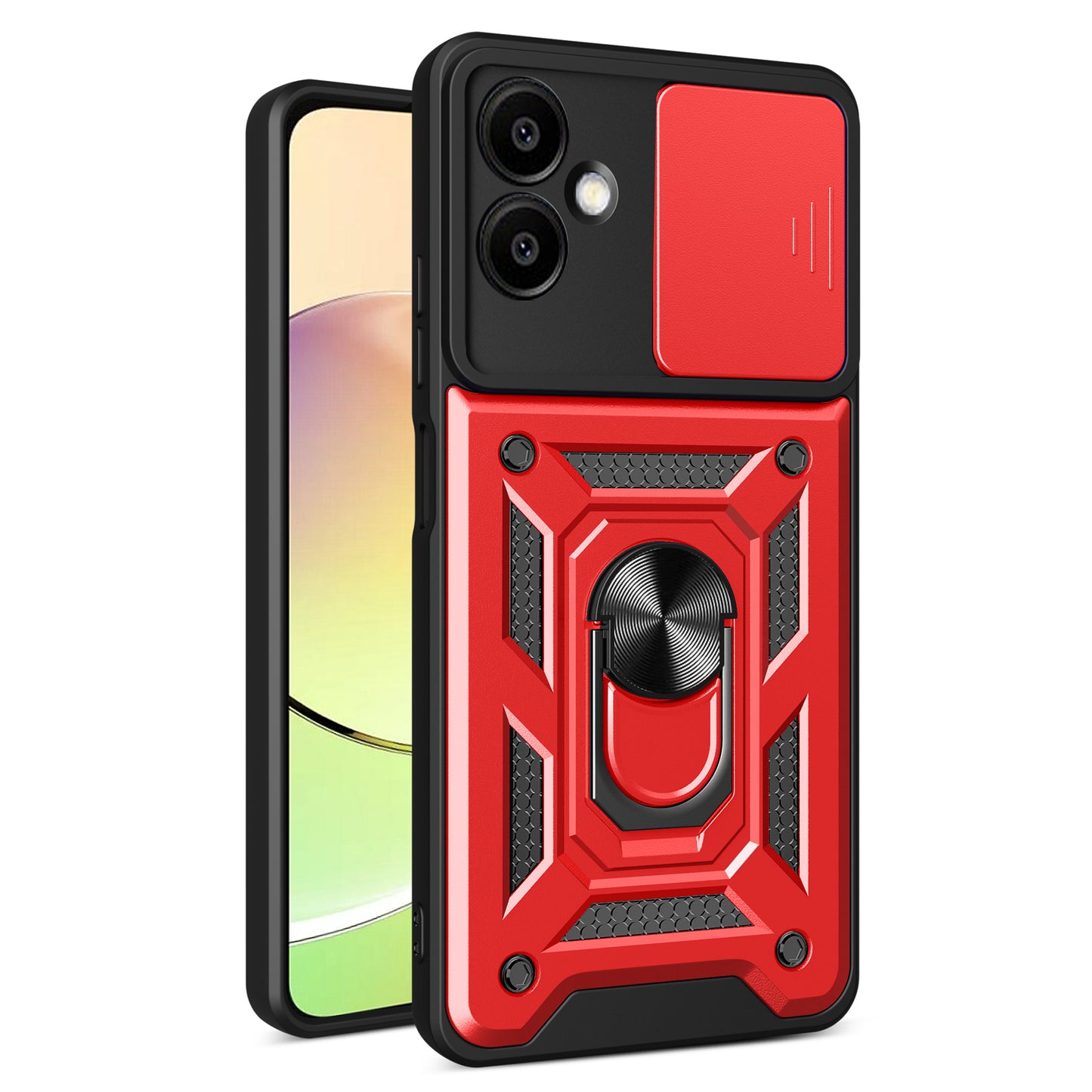 For Samsung Galaxy A06 Case with Slide Camera Lid PC+TPU Kickstand Phone Cover - Red