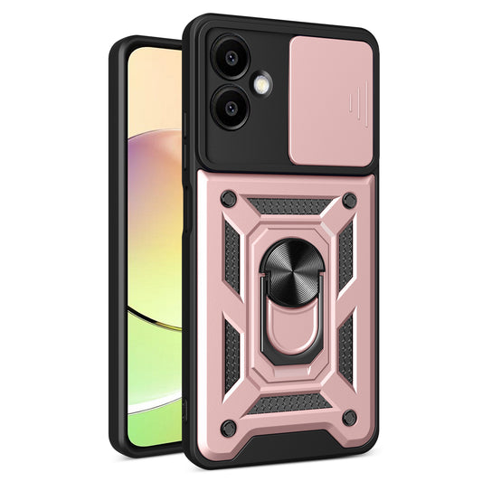 For Samsung Galaxy A06 Case with Slide Camera Lid PC+TPU Kickstand Phone Cover - Rose Gold