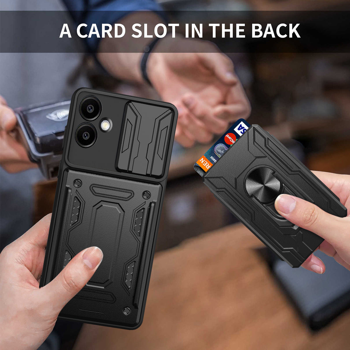 For Samsung Galaxy A06 Case PC+TPU Kickstand Phone Back Cover with Camera Slider - Black