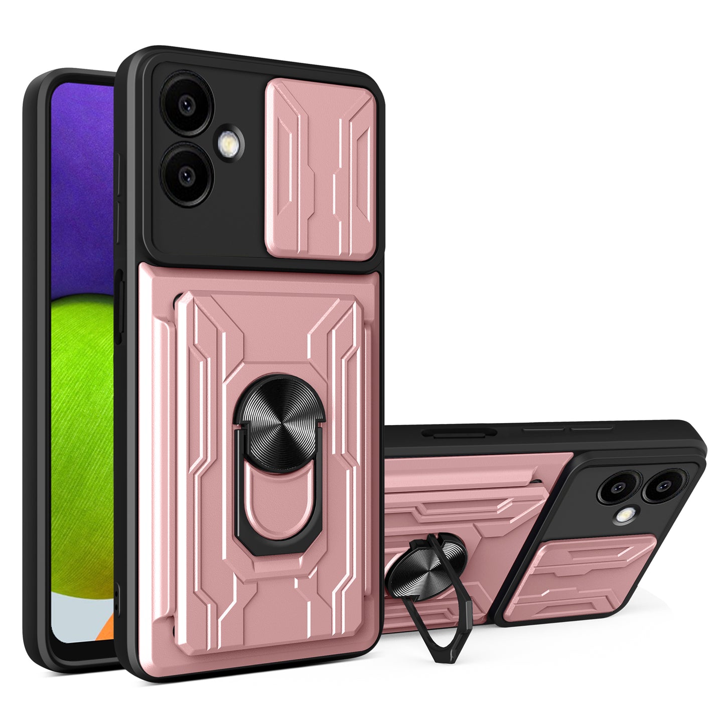 For Samsung Galaxy A06 Case PC+TPU Kickstand Phone Back Cover with Camera Slider - Rose Gold