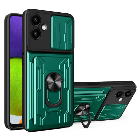 For Samsung Galaxy A06 Case PC+TPU Kickstand Phone Back Cover with Camera Slider - Blackish Green