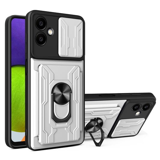 For Samsung Galaxy A06 Case PC+TPU Kickstand Phone Back Cover with Camera Slider - White