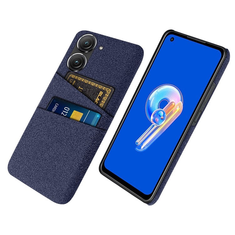 For Asus Zenfone 9 5G Drop-proof Cloth Texture Phone Case with Dual Card Slots Scratch Resistant PC Protective Cover - Blue