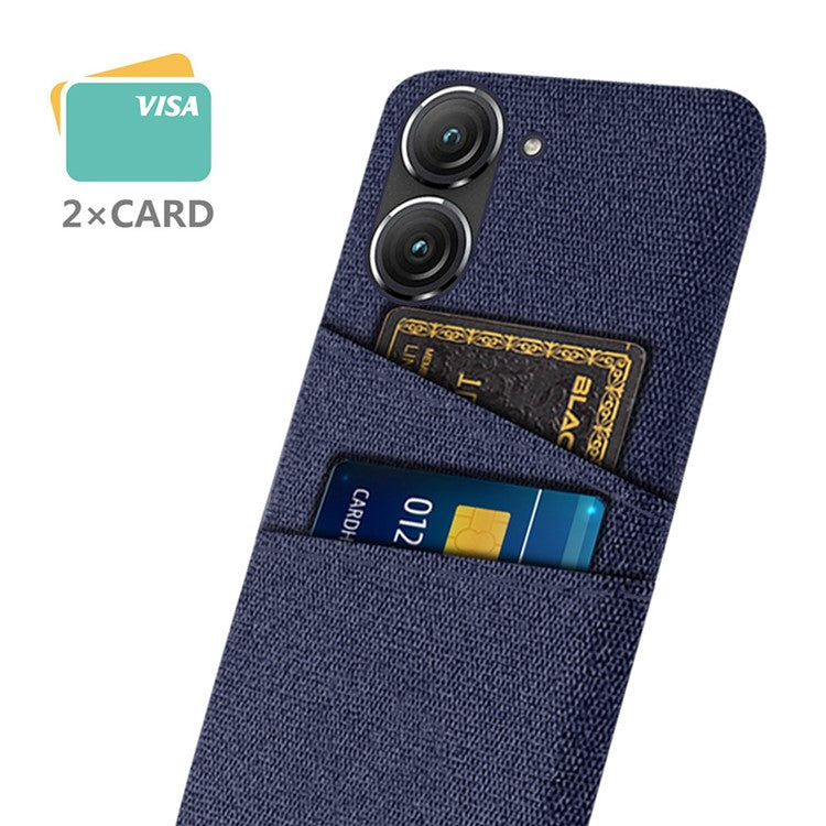 For Asus Zenfone 9 5G Drop-proof Cloth Texture Phone Case with Dual Card Slots Scratch Resistant PC Protective Cover - Blue