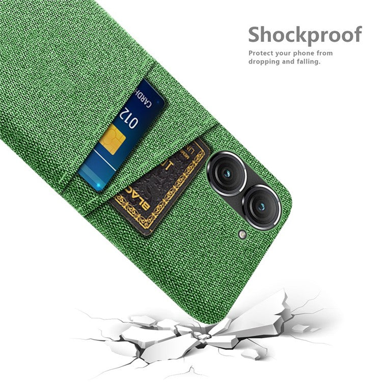 For Asus Zenfone 9 5G Drop-proof Cloth Texture Phone Case with Dual Card Slots Scratch Resistant PC Protective Cover - Green