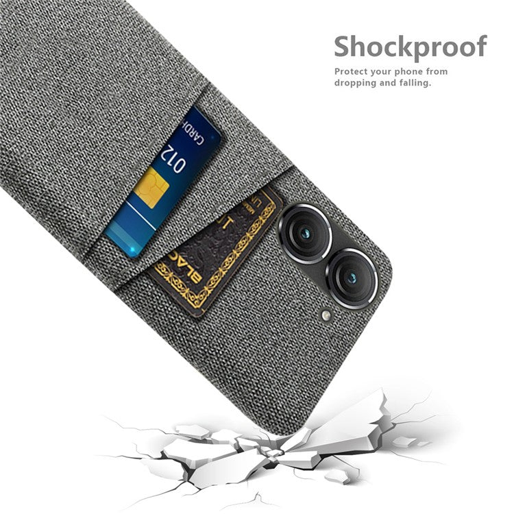 For Asus Zenfone 9 5G Drop-proof Cloth Texture Phone Case with Dual Card Slots Scratch Resistant PC Protective Cover - Grey