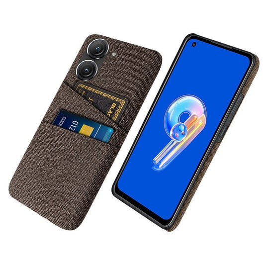 For Asus Zenfone 9 5G Drop-proof Cloth Texture Phone Case with Dual Card Slots Scratch Resistant PC Protective Cover - Brown