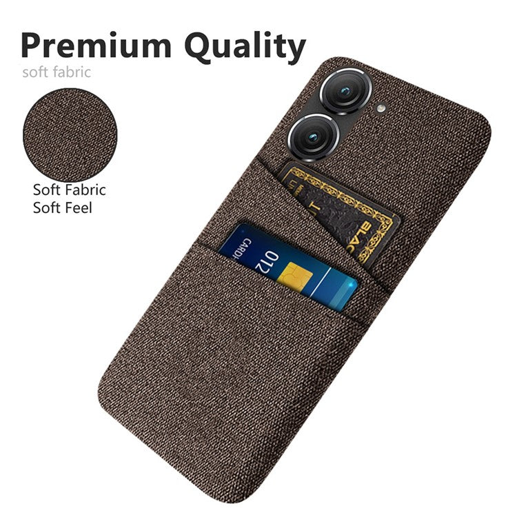 For Asus Zenfone 9 5G Drop-proof Cloth Texture Phone Case with Dual Card Slots Scratch Resistant PC Protective Cover - Brown