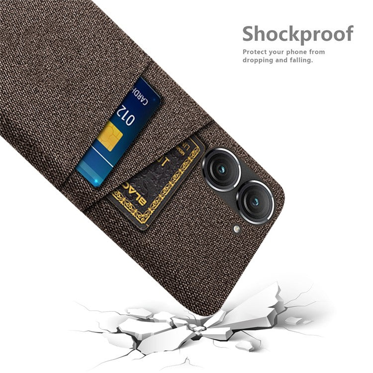For Asus Zenfone 9 5G Drop-proof Cloth Texture Phone Case with Dual Card Slots Scratch Resistant PC Protective Cover - Brown