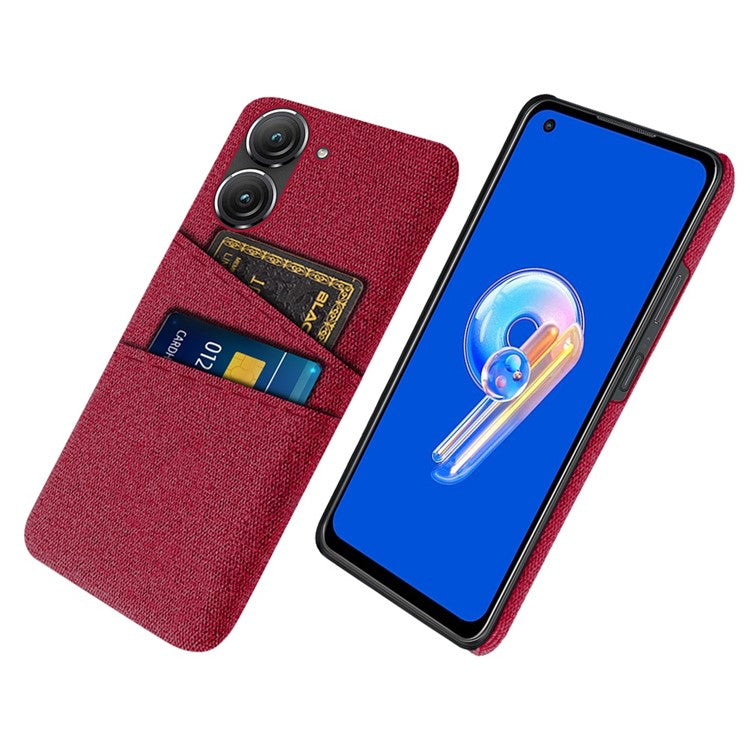 For Asus Zenfone 9 5G Drop-proof Cloth Texture Phone Case with Dual Card Slots Scratch Resistant PC Protective Cover - Red