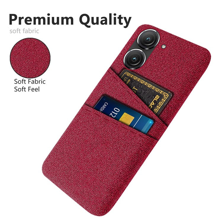 For Asus Zenfone 9 5G Drop-proof Cloth Texture Phone Case with Dual Card Slots Scratch Resistant PC Protective Cover - Red