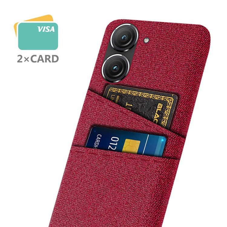For Asus Zenfone 9 5G Drop-proof Cloth Texture Phone Case with Dual Card Slots Scratch Resistant PC Protective Cover - Red