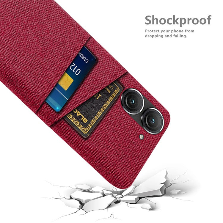 For Asus Zenfone 9 5G Drop-proof Cloth Texture Phone Case with Dual Card Slots Scratch Resistant PC Protective Cover - Red