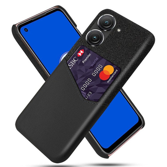 For Asus Zenfone 9 5G Cloth Texture PU Leather + PC Back Case Card Holder Anti-drop Protective Phone Cover - Black