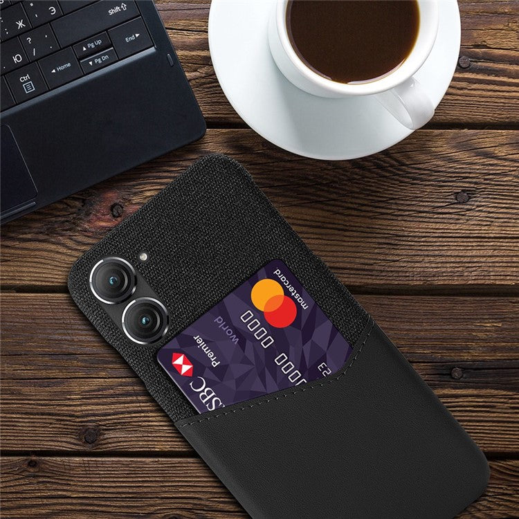 For Asus Zenfone 9 5G Cloth Texture PU Leather + PC Back Case Card Holder Anti-drop Protective Phone Cover - Black