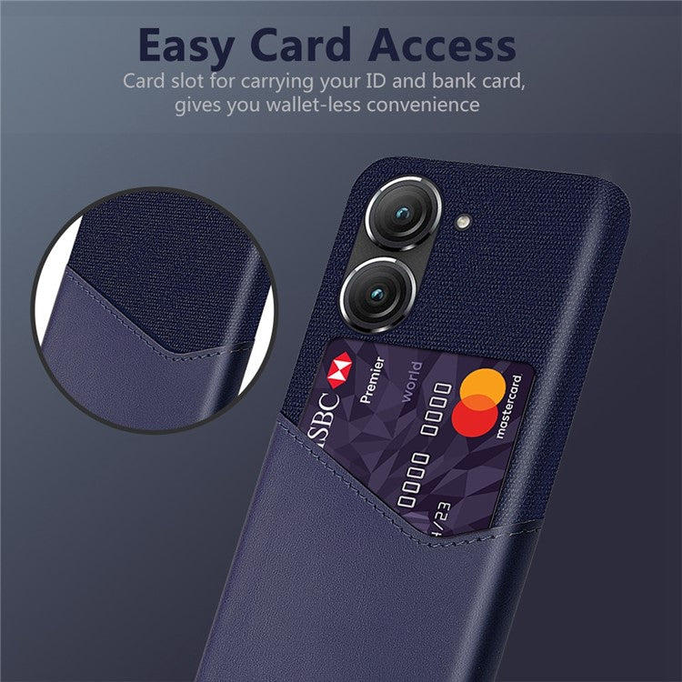 For Asus Zenfone 9 5G Cloth Texture PU Leather + PC Back Case Card Holder Anti-drop Protective Phone Cover - Blue