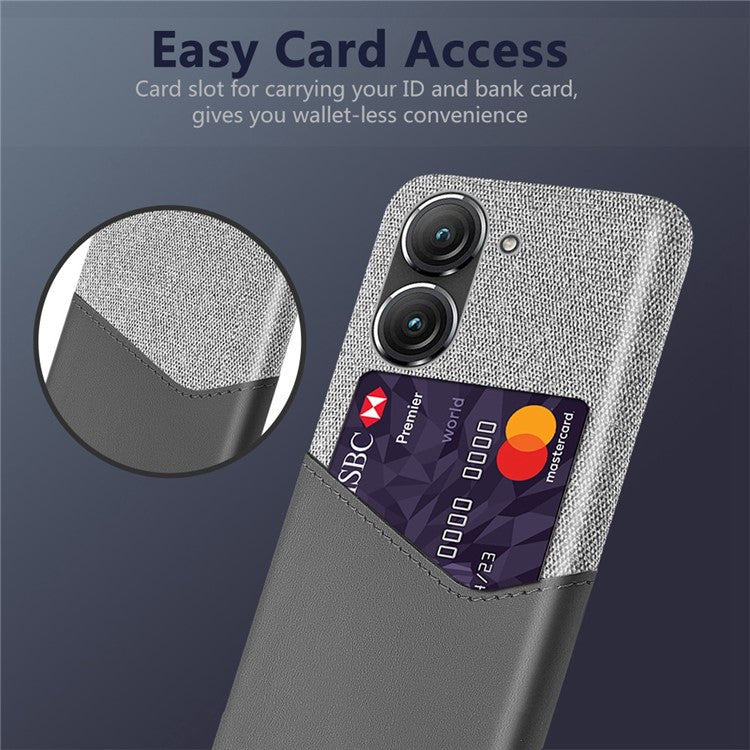 For Asus Zenfone 9 5G Cloth Texture PU Leather + PC Back Case Card Holder Anti-drop Protective Phone Cover - Grey